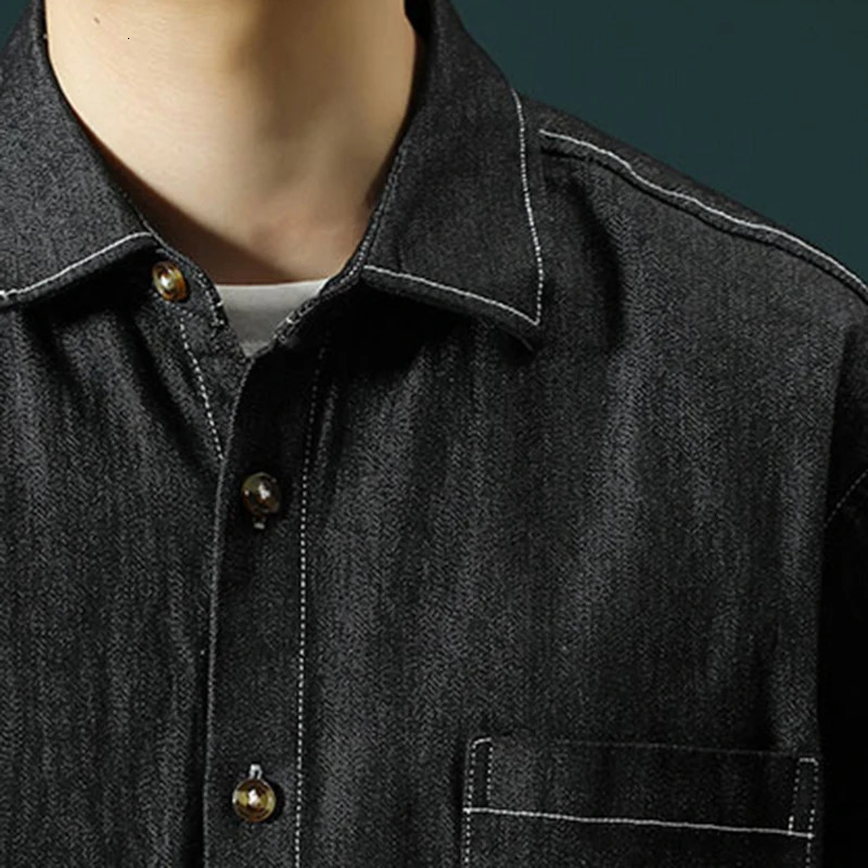Spring And Autumn Mens Denim Loose Solid Color Big Yards Retro Jacket SingleBreasted LongSleeved Workwear Shirt 250214