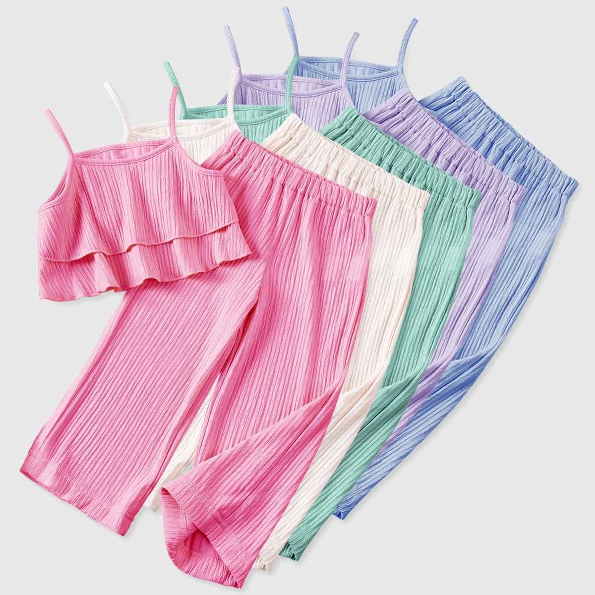 Girls Sweet Set Solid Color Double Layer Wave Edge Suspender Top+Slim Fit Pants 2-piece Set Summer Vacation Travel Set W250218