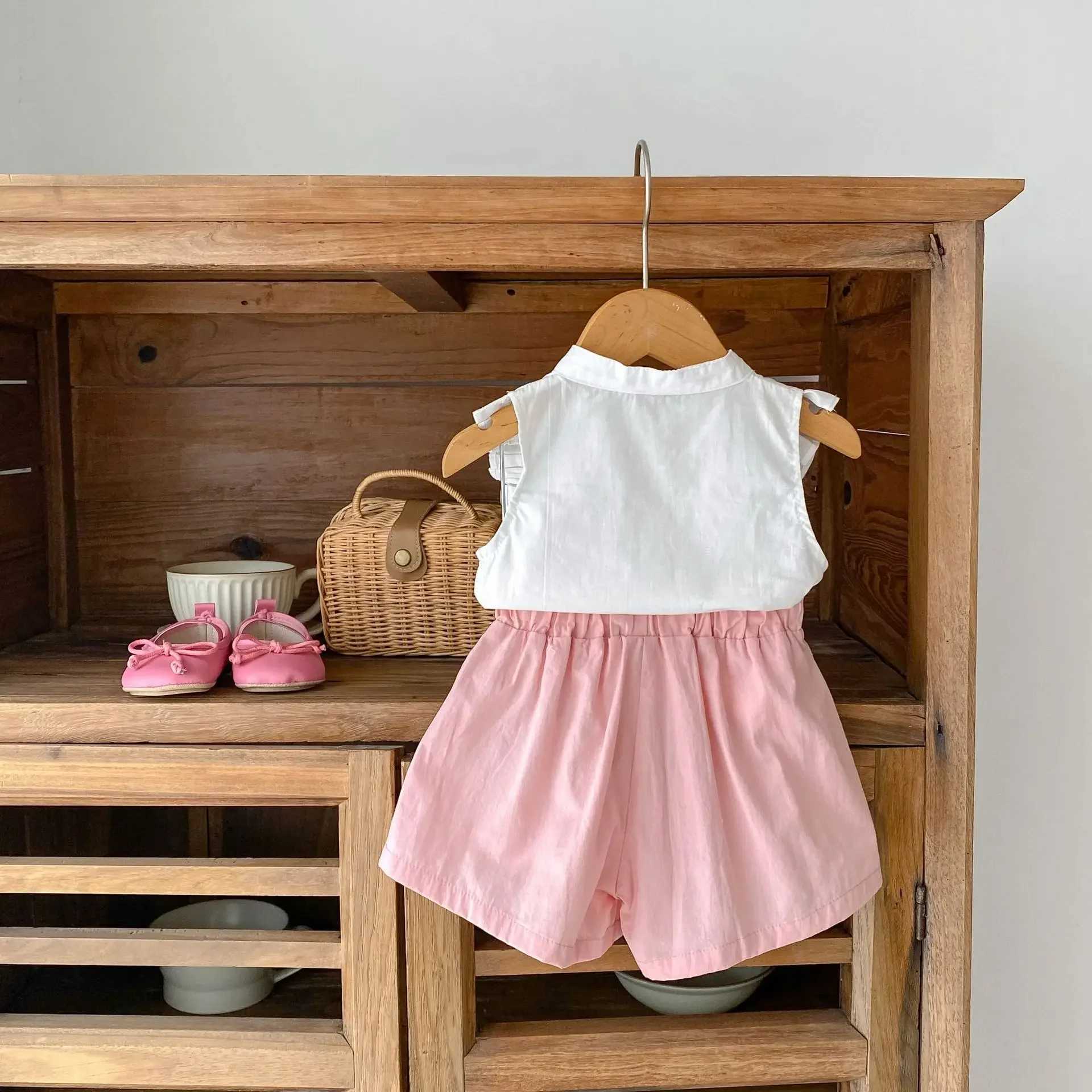 Childrens Clothing Set Summer Baby Girl Embroidered Short Sleeved Shirt+solid Color Shorts Casual 2/Piece Set W250218