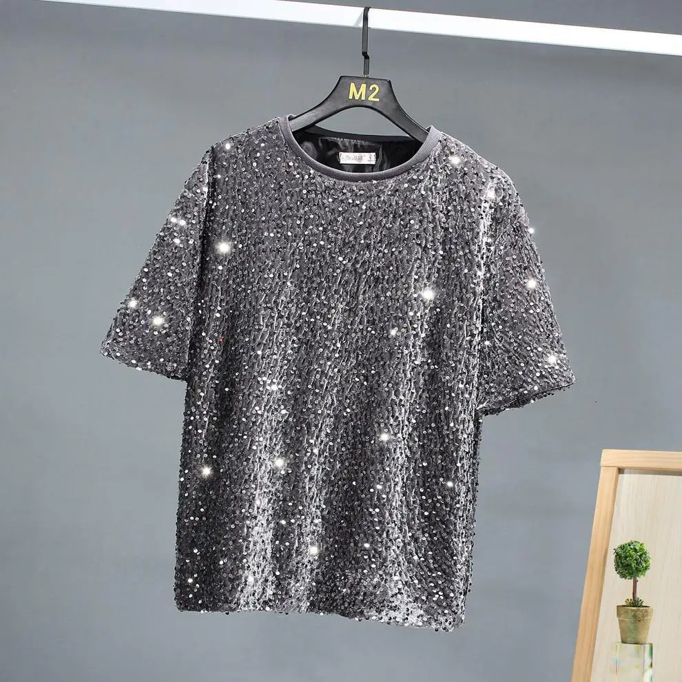 Summer Colorful Shiny Sequin Short Sleeve T Shirt Men Street Casual Hip Hop Tees Tops Stage Performance Costume 250217