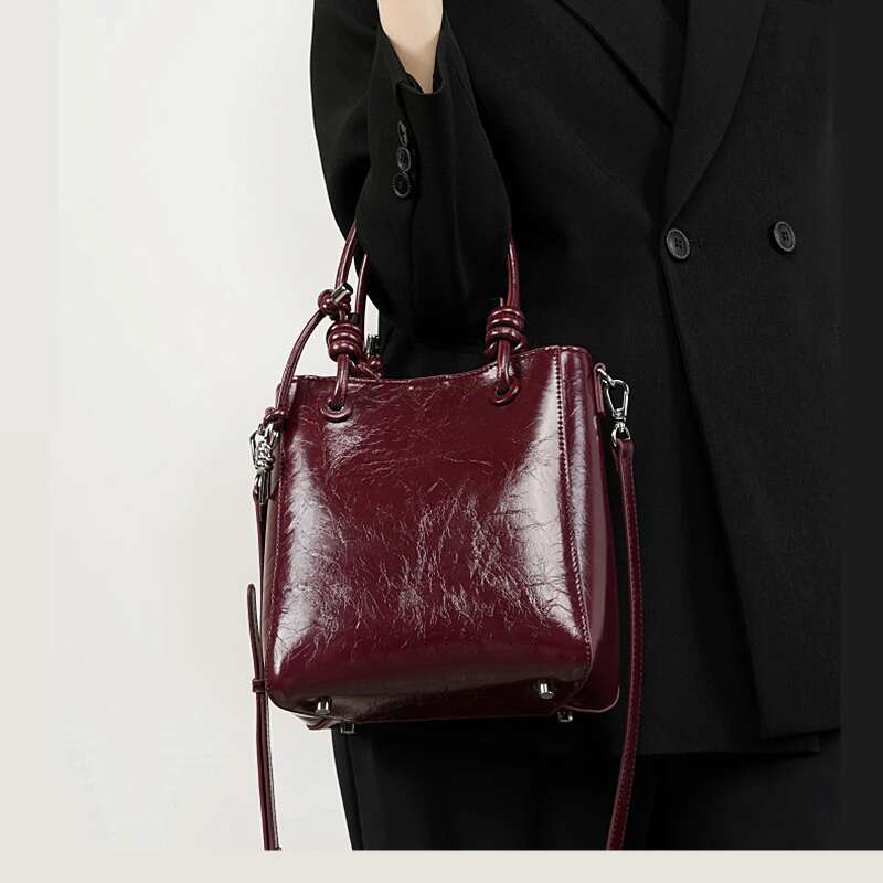 Hifashion Retro Oil Wax Genuine Leather Bucket Small Tote Handbags For Women 2025 Trend Designer Ladies Shoulder Crossbody Bags