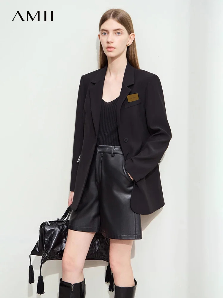 Amii Minimalism Womens Blazers Autumn Lapel Collar Shoulder Pad Fashion Slit Midlength Basic Female Jackets 12443096 250213