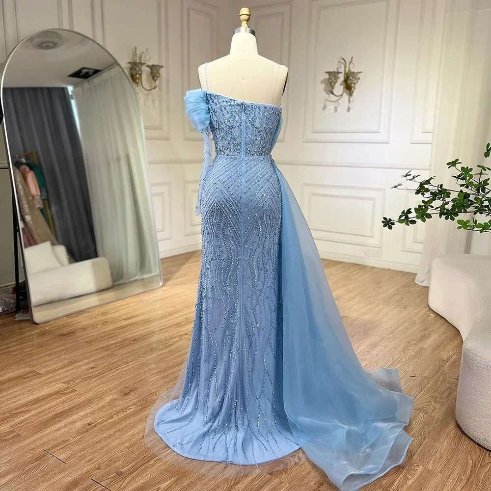 Arabic Blue Mermaid Elegant One Shoulder Evening Dresses Gowns Beaded Party Customize BLA