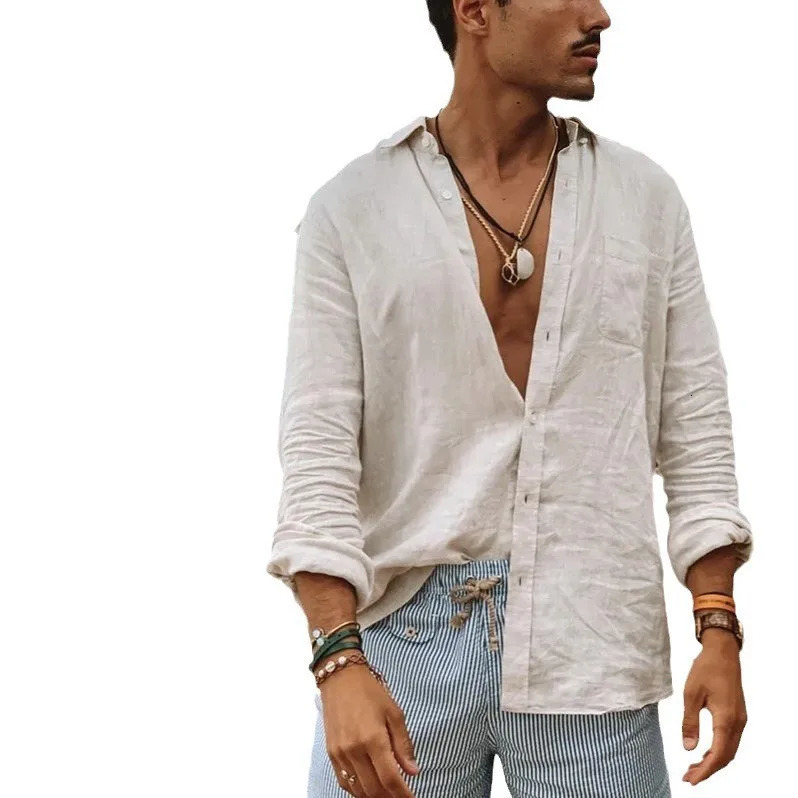 Mens casual long sleeve thin solid color lapel shirt 250217