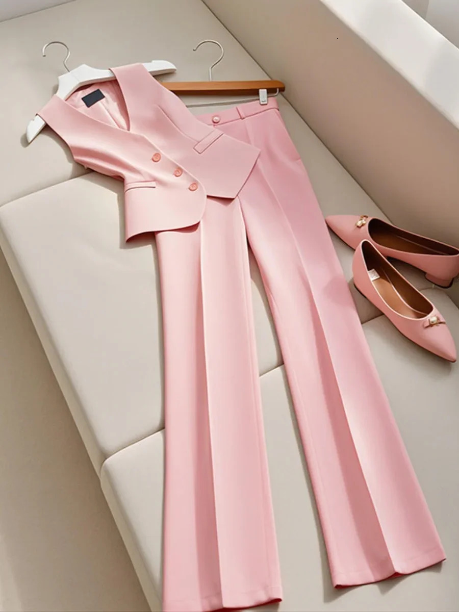 Korean Drama Dressing Style High-end Pink Professional Suit Vest Pants Summer Fashion Two Piece Set Women Outfits 250206
