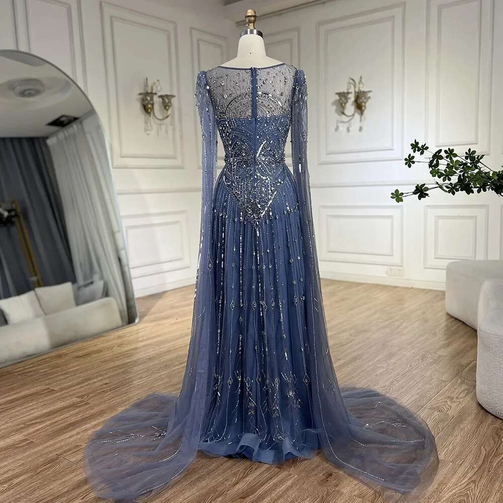 Blue Dubai Cape Sleeves A E Beaded Stone Arabic Evening Gowns Customize Wedding Party BLA rabic vening BL