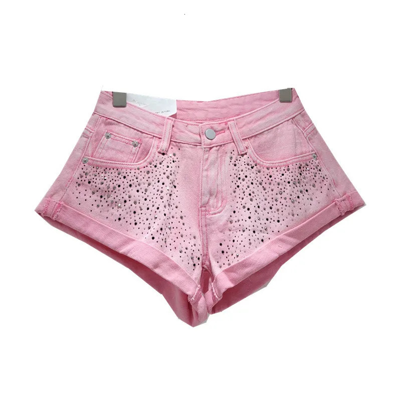 Fashion Retro Rhinestone Denim Shorts Women Summer A- Line Wide Leg Short Pants Ultra Short Booty Shorts for s 250217