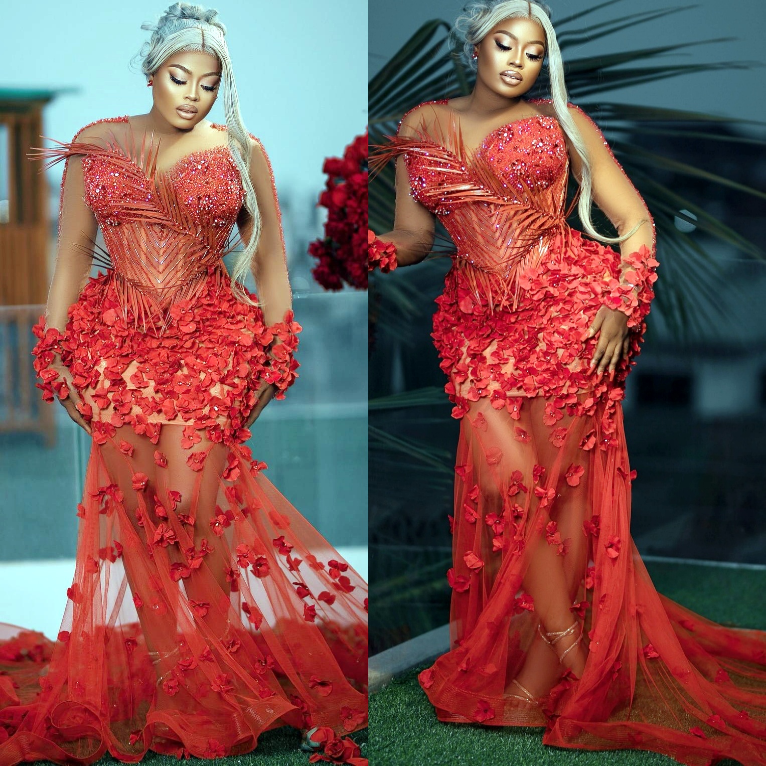 Aso Ebi 2025 Red Mermaid Prom Dresses Floral Flowers Beaded Crystals Illusion Evening Formal Party Second Reception Birthday Gowns Dress For Special O