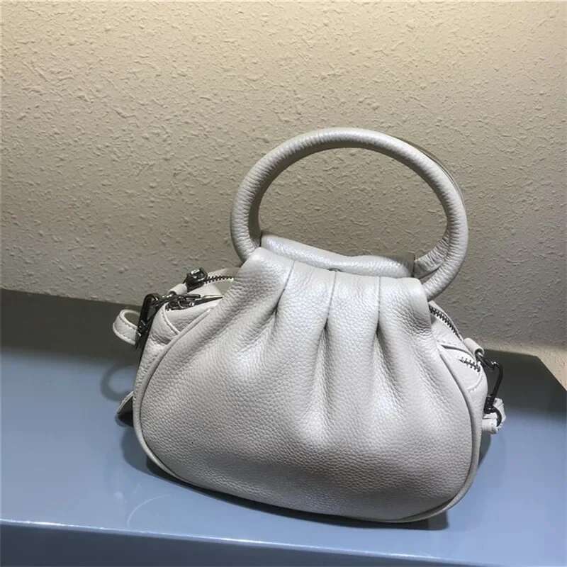Ruched Design Cowhide Leather Shoulder Bags For Women Handbags 100% Real Skin Hobo Crossbody Bag Small Mother Purse