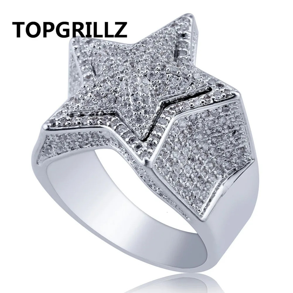 TOPGRILLZ Hip Hop Five Star Rings Mens Gold Silver Color Iced Out Cubic Zircon Jewelry Gifts 250214