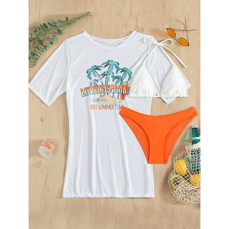 Swimming River Three Piece Set Printed Swimsuit Sexy European and American Bikini Women's Hoodie Wholesale 2025 Versatile New Trendy Clothing Ins