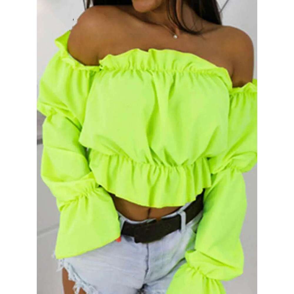 2024 Candy Color Off Shoulder Crop Tops Women Summer Dot Print Lantern Sleeve Shirts Lady Sexy Slash Neck Beach Blouse