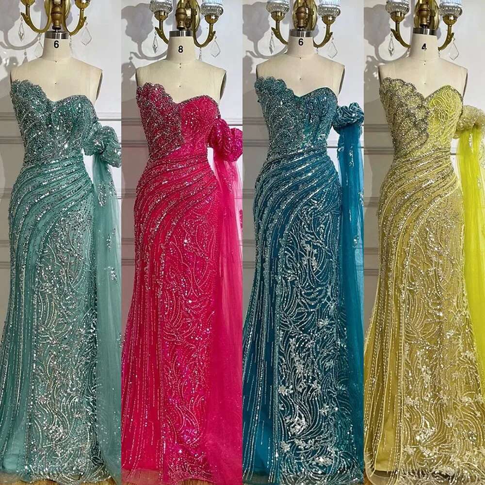 Green Customized One Shoulder Beaded Mermaid Evening Dress With Side Cape Sleeves For Formal Ocn BLA mal