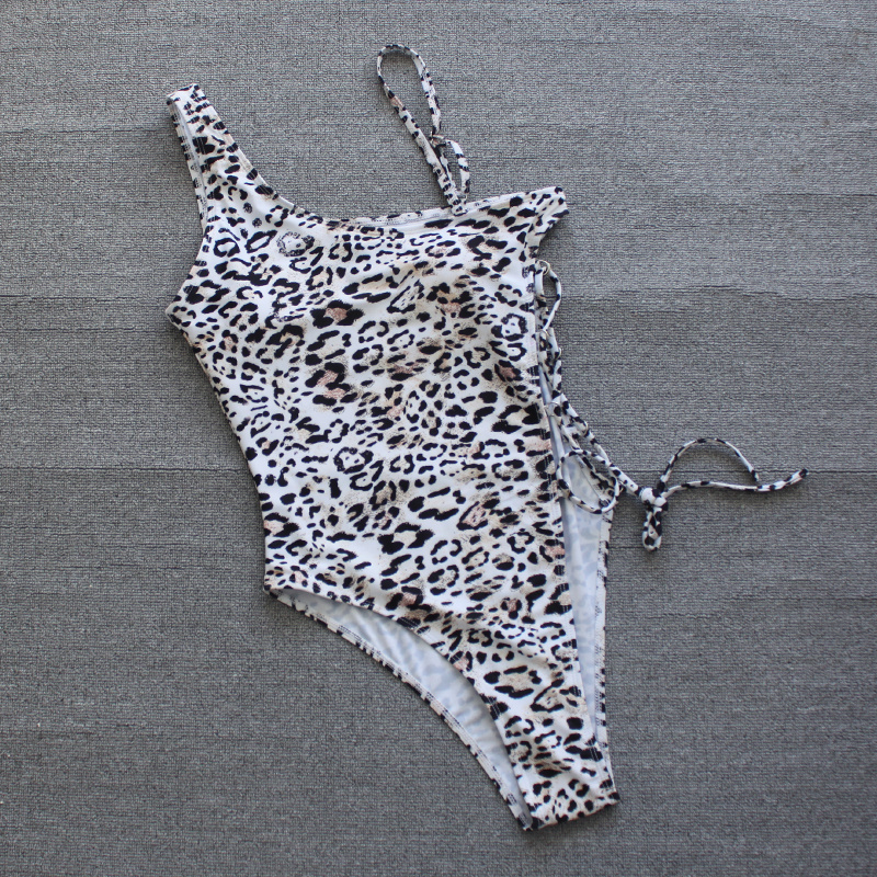 Women Leopard Print Criss Cross Hollow Out One-piece Swimsuit, Spaghetti Strap High Cut Stretchy Bathing Suits