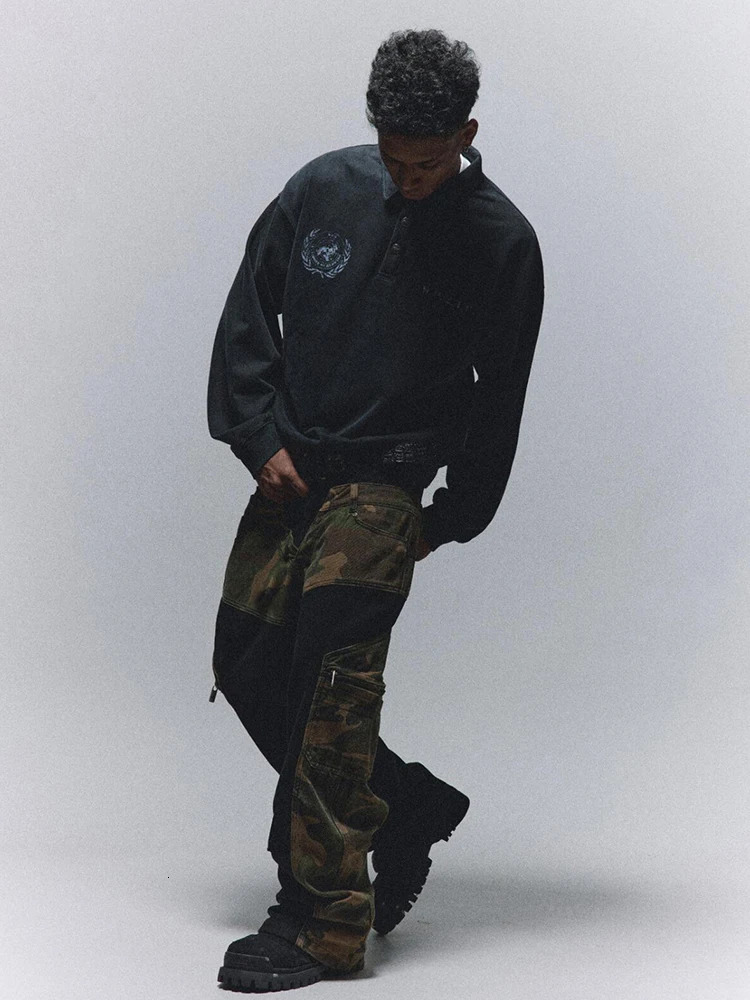 REDDACHIC Vintage Patchwork Camouflage Cargo Jeans Men Contrast Loose High Waist Hiphop Wide Leg Denim Pants Harajuku Streetwear 250217