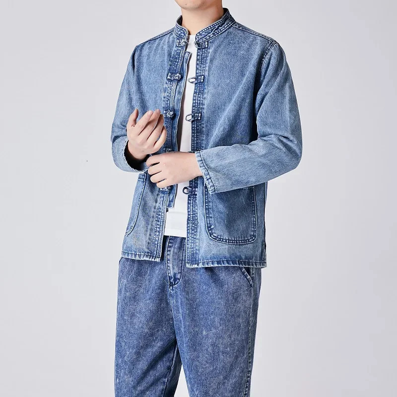 Autumn Men Chinese Style Tang Suit Washed Denim Top Stand Collar Jacket Casual Cotton Coat 250214
