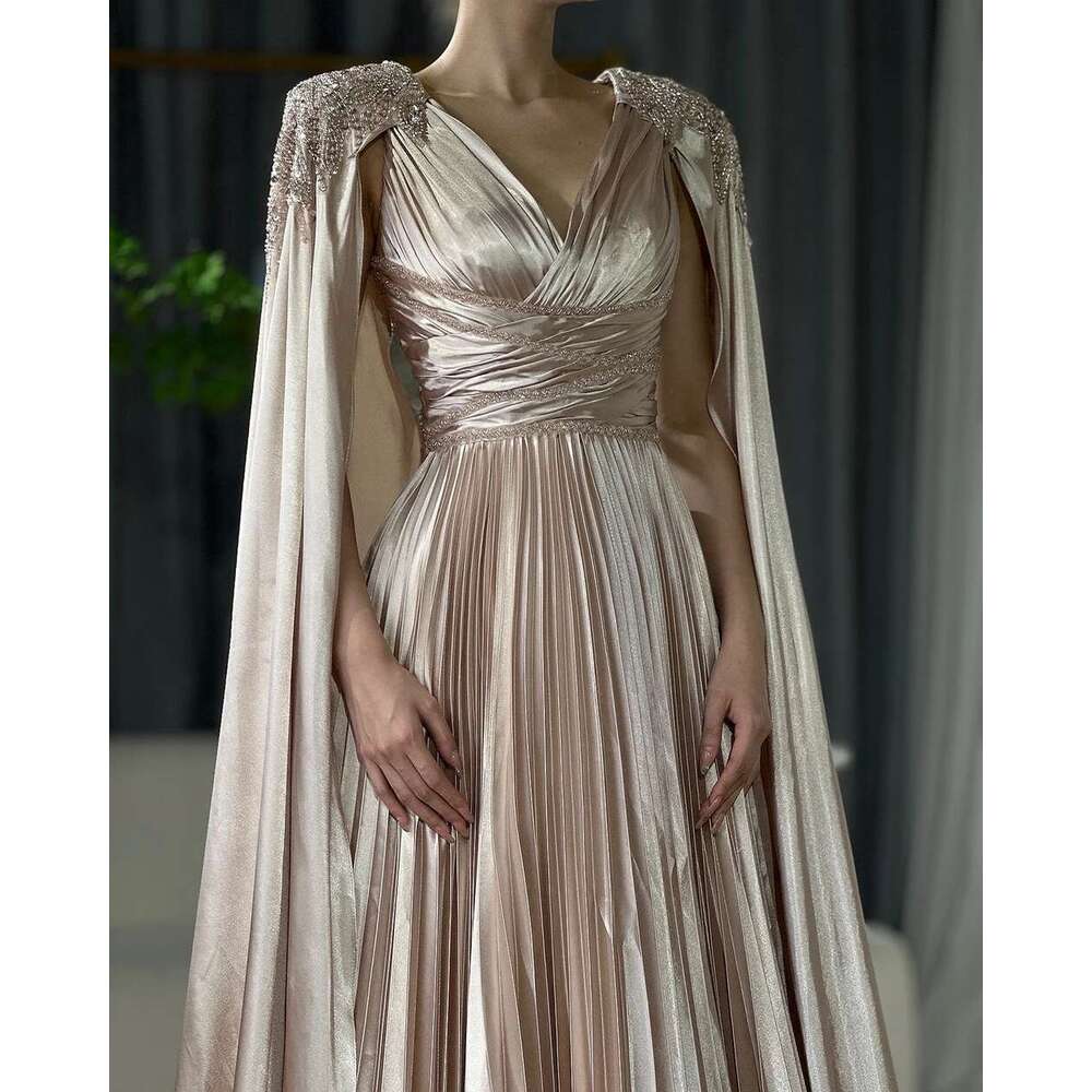 Beaded Nude Satin A E Saudi Arabic Evening Dress Gown With Cape Sleeves Formal Ocn Customize BLA rabic vening BL
