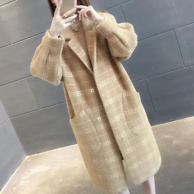 Woolen Medium-Length Plaid Jacket Loose Fit Knit Suit Collar Overcoat New 2024 Autumn/Winter Women's Fashion Outerwear