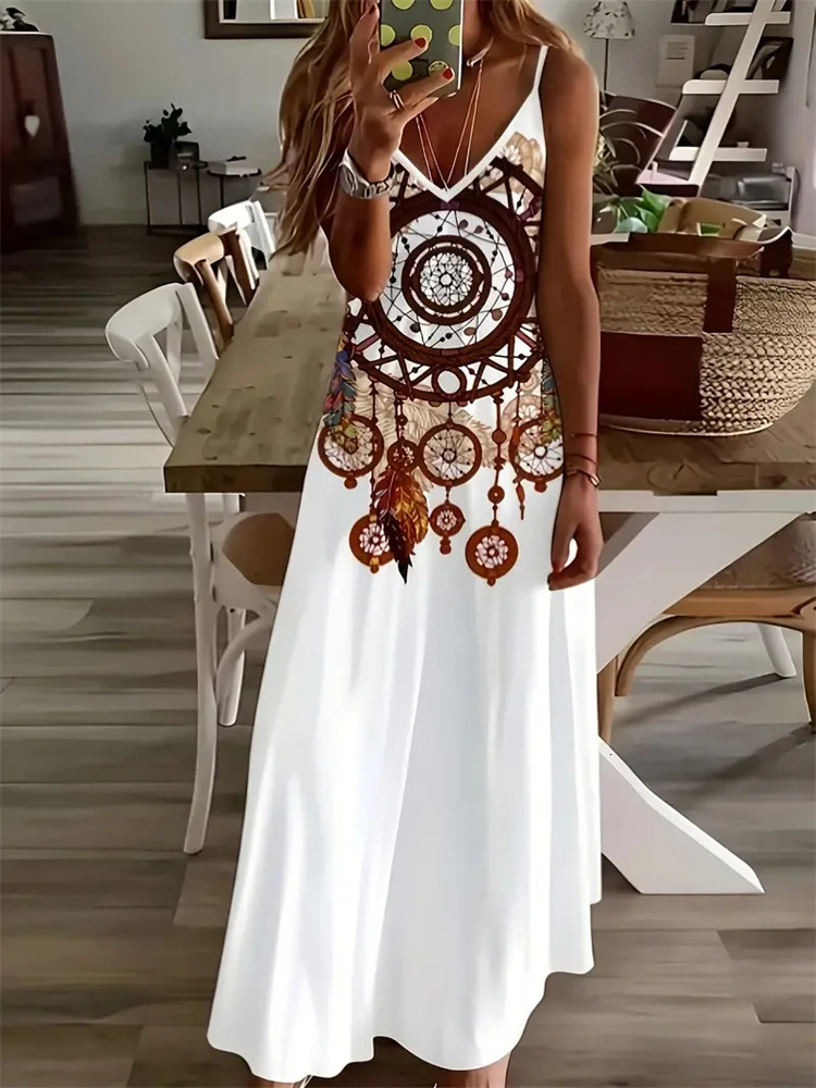 Womens Stylish Elegant Dress Vintage Dreamcatcher Print Sleeveless Vest Dress Summer V-Neck Ladies Loose Halter Dress 250213