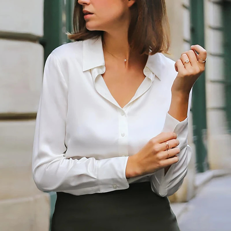 Elegant Black White Shirt Women Spring Autumn Long Sleeve Silk Satin Blouses For Fashion Turn Down Collar Button 250213