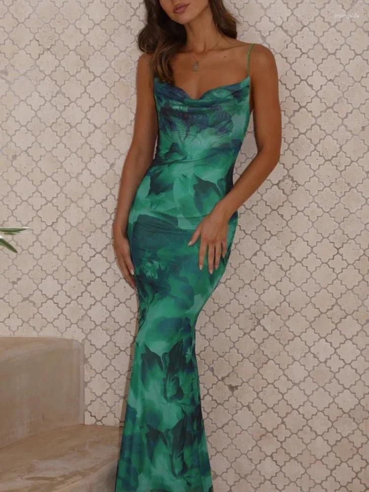 Casual Dresses 2025 Summer Fashion Urban Sexy Womens Dress With Green Printed Open Back Birthday Party And Club Elegant Long