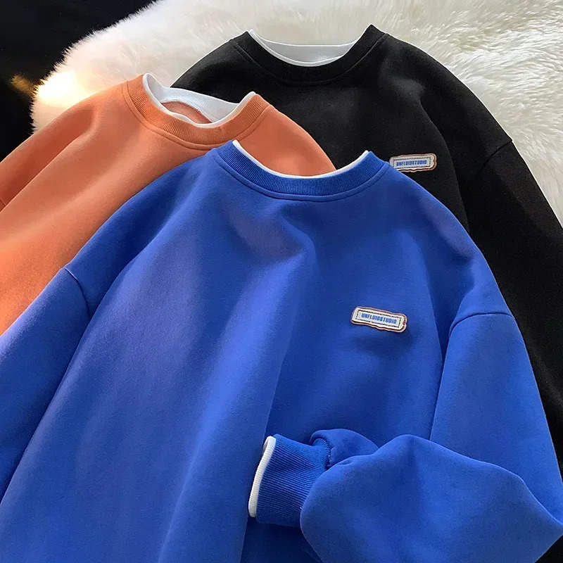 Fashionable Mens Round Neck Sweatshirt Solid Color Loose Fit College Style Top Autumn Winter 2024 Arrivals 250217