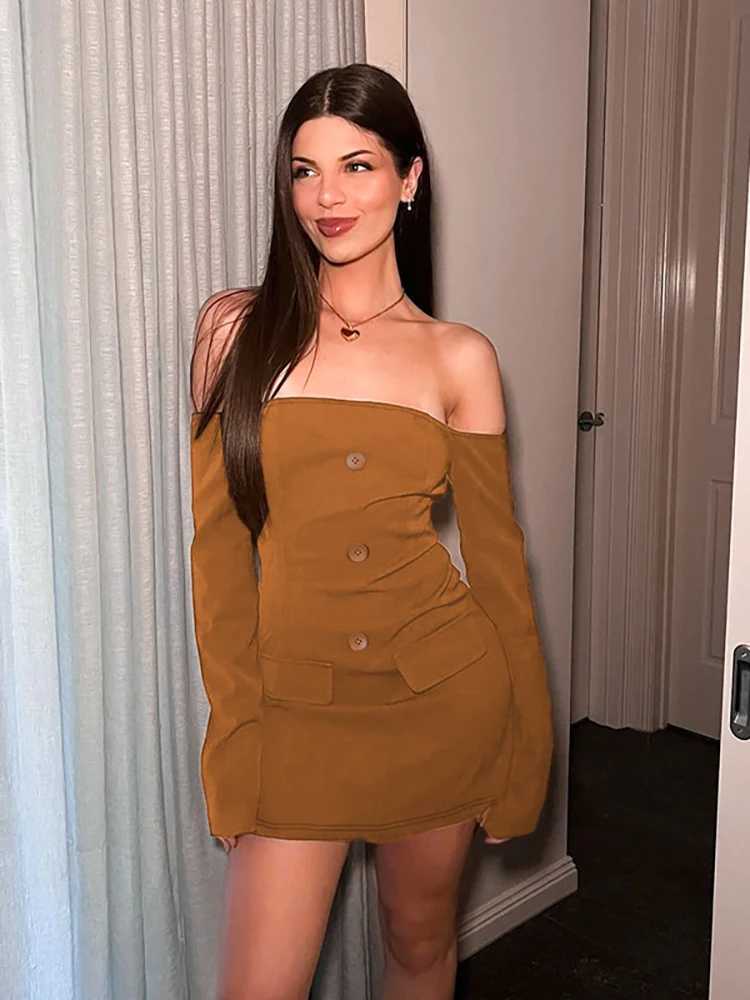 Basic Casual Dresses Fantoye Sexy Off Shoulder Button Women Dress Brown Long Slve High Waist Dress Female Summer Skinny Elegant Party Clubwear 2024 H2