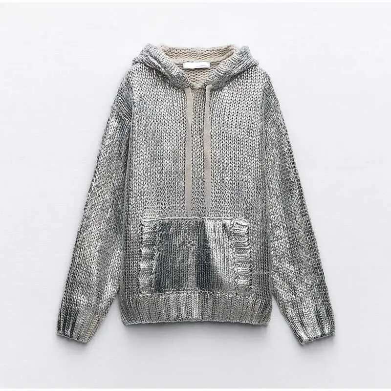 Elegant Silk Sweater For Women: Metallic Color O-Neck Knotted Knitwear