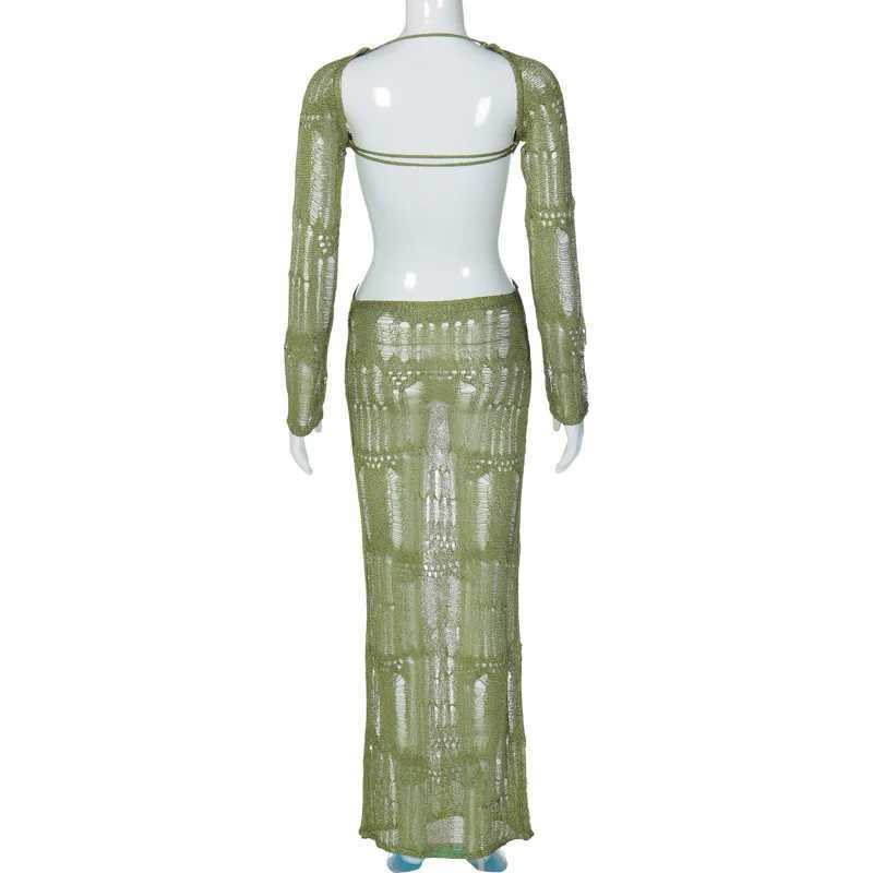 Basic Casual Dresses Lygens Elegant Knitting Ribbed Backless S Through Hollow Out Long Slve WomenS Dresses Evening Summer Prom Casual Clothes H25217