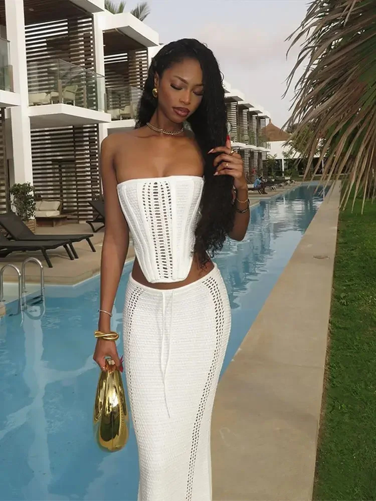 Sexy Bandage Tube Cropped Tops High Waist Maxi Skirts 2 Pieces Suit Elegant Women Knitted Long Skirt Set Chic Lady Beach Outfits 250206