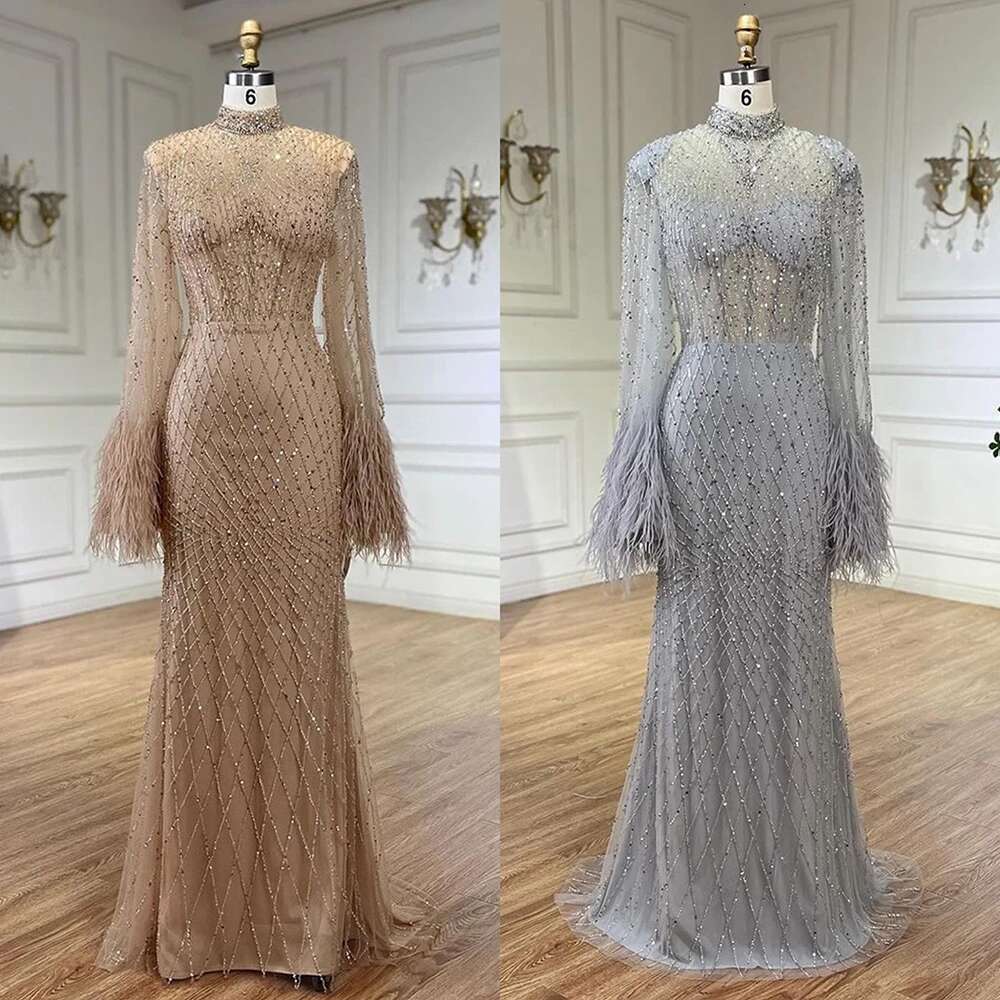 Evening Party Dubai Gown Nude Illusion Lace Beaded Feathers Mermaid Long Evening Dress Customize
