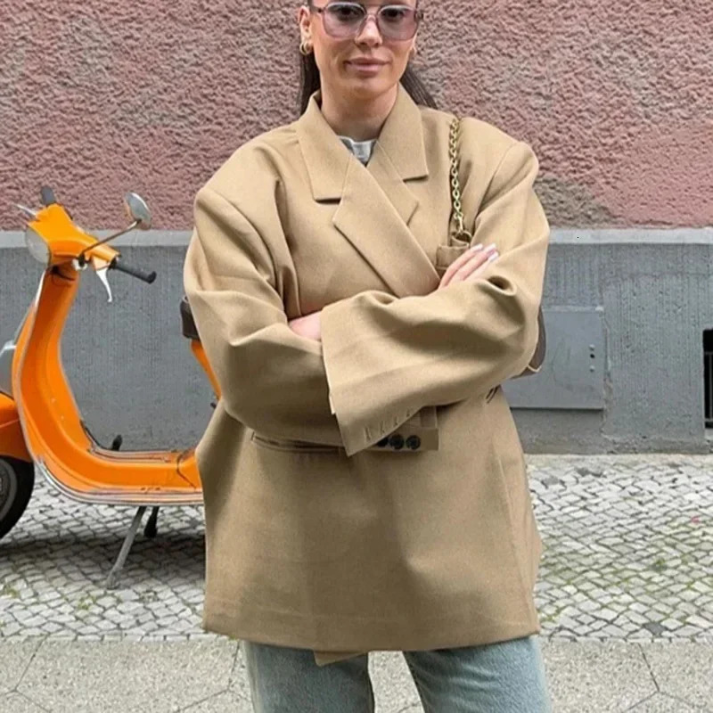 Fashion Casual Thin Suits Blazer Coat Women Solid Lapel Office Loose Lady Jacket Autumn Oversize Chic Pocket Female Outerwear 250213