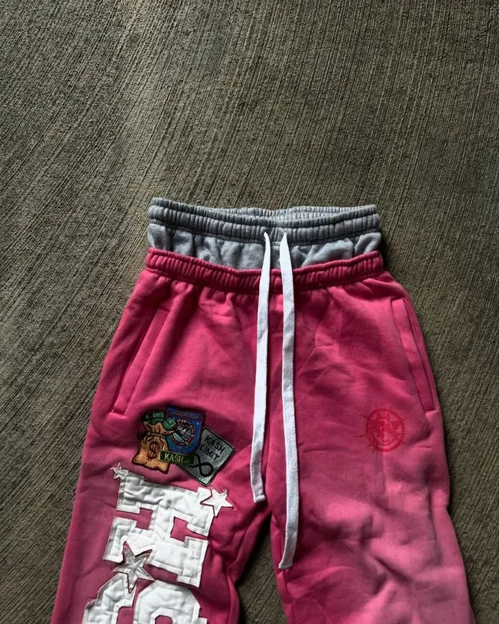 Pink Double Layer Sweatpants Y2K Mens Womens Gothic Hip Hop Letter Patch Retro Baggy Pants Casual Elastic Waist Jogging Pants 250217