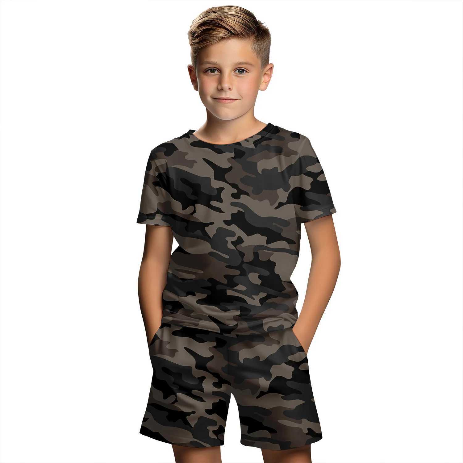 Childrens clothing set boys 3D camouflage printed summer short sleeved T-shirt set boys clothing set girls childrens clothing set W250218