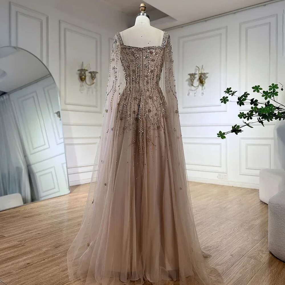 Champagne Arabic Dubai Evening Dress Celebrity Beaded Tassel High Slit Women Evening Party Customize BLA
