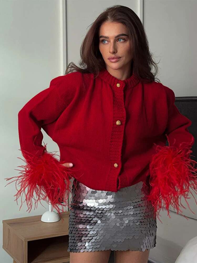 Patchwork Feather Cuffs O-Neck Sweaters Women Elegant Solid Single Breasted Cardigan Lady Fashion Chic Loose Streetwear Tops