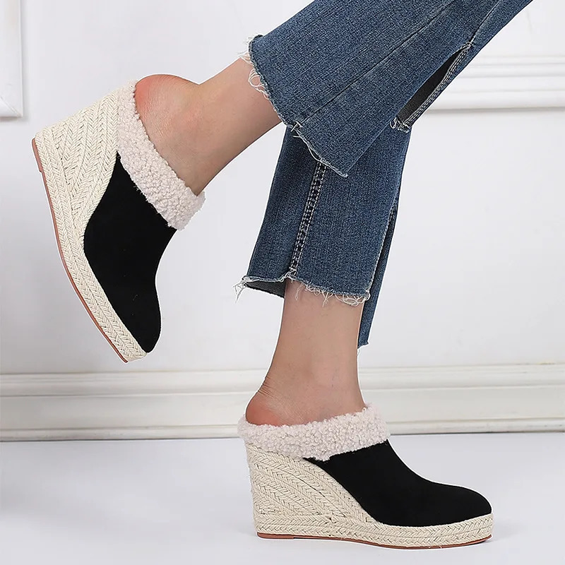 LIHUAMAO Plush lining Wedges heel slipper comfort women mules espadrilles shoes platform pumps comfort slip on loafers sandals 250213