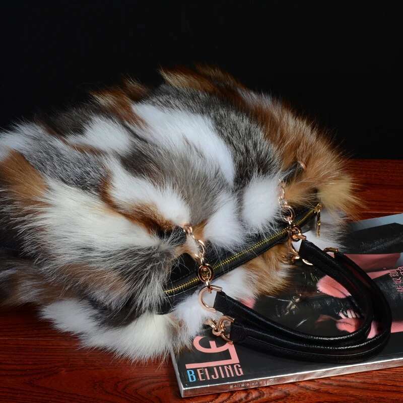 Real Women Fashion Colorful Fur Message Single Shoulder Bags Natural Sier Fox Handbag Evening Party Bag