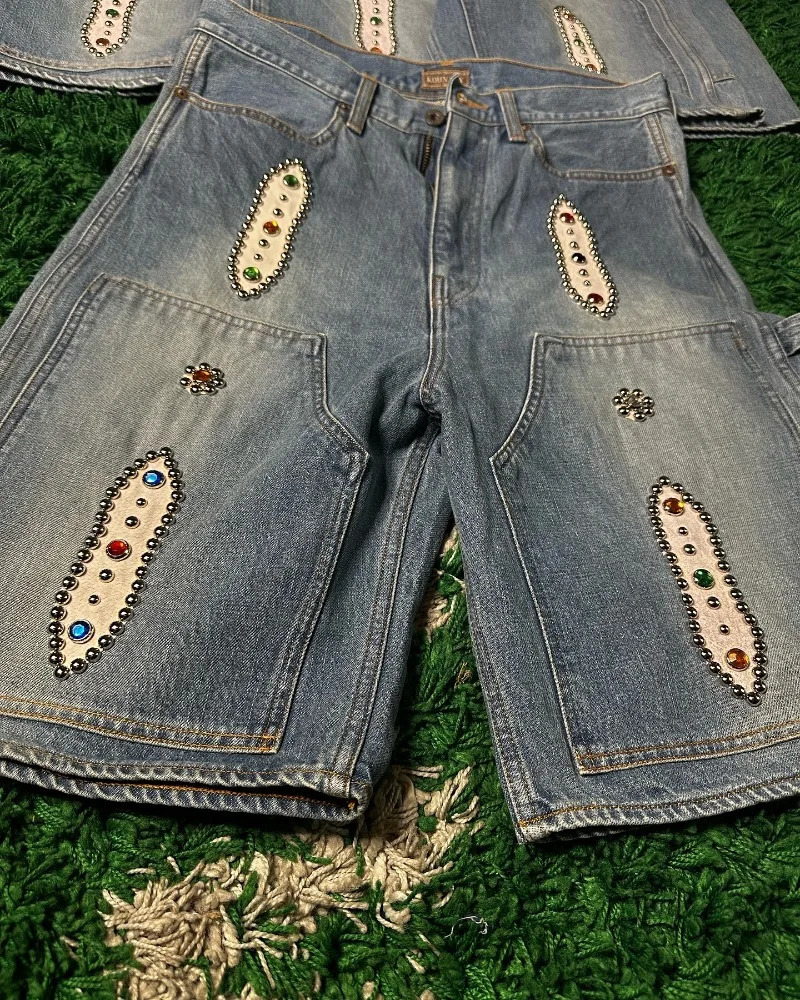 Streetwear Fashion Blue Washed Diamond Baggy Denim Shorts Women Y2K Harajuku Vintage Hip Hop Casual Joker Shorts 250217