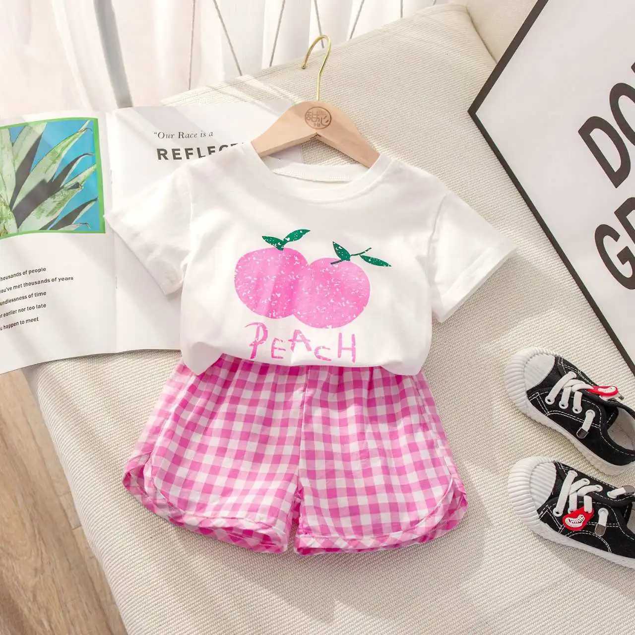 Fruit T-shirt Plaid Shorts Girls 2pc/set Summer Childrens Clothes Cotton Kids Short Sleeved Suit Fashion Baby Clothing 1-6Y W250218