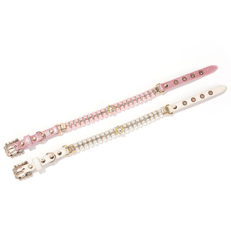 Luxury Pearl Dog Collar with Rhinestone Gold Beetle Accessories, Shiny Leather Dog Collar for Female Puppy Kitten Small Medium Dogs Birthday Gift and 
