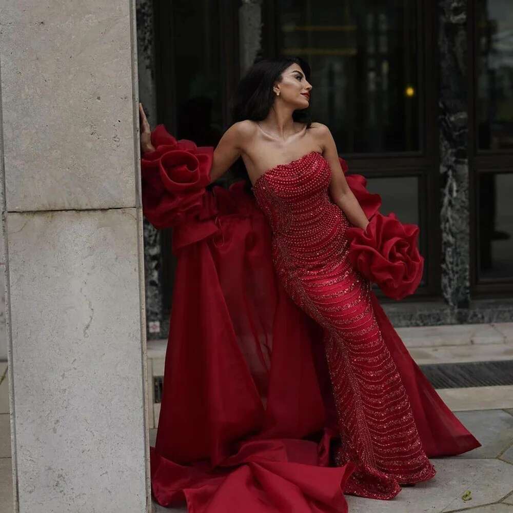 Long Red Cape Mermaid Evening Dresses Gowns With Puff Sleeves Beaded Overskirt And Design Party Customize BLA