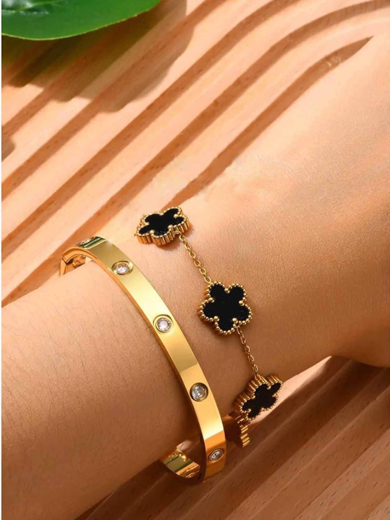 Bangle 2pcs Womens Stackable Gold Set Stainless Steel Flower Pattern Non Tarnish Cubic Zirconia Bracelet Luxury Gift H250217