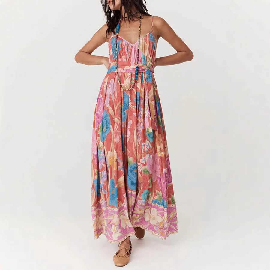 Basic Casual Dresses Ladies Slveless Backless Summer Casual Womens Dresses Flower Printed V Neck Slip Long Dress 2025 Holiday Beach Loose Vestidos H25