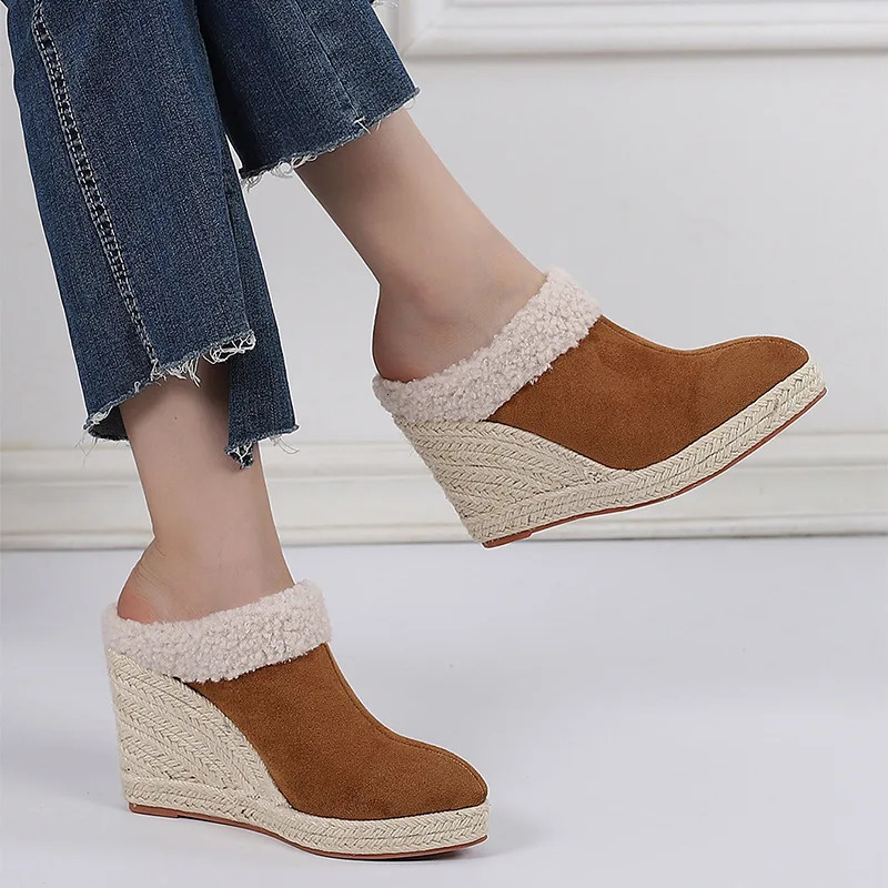 LIHUAMAO Plush lining Wedges heel slipper comfort women mules espadrilles shoes platform pumps comfort slip on loafers sandals 250213
