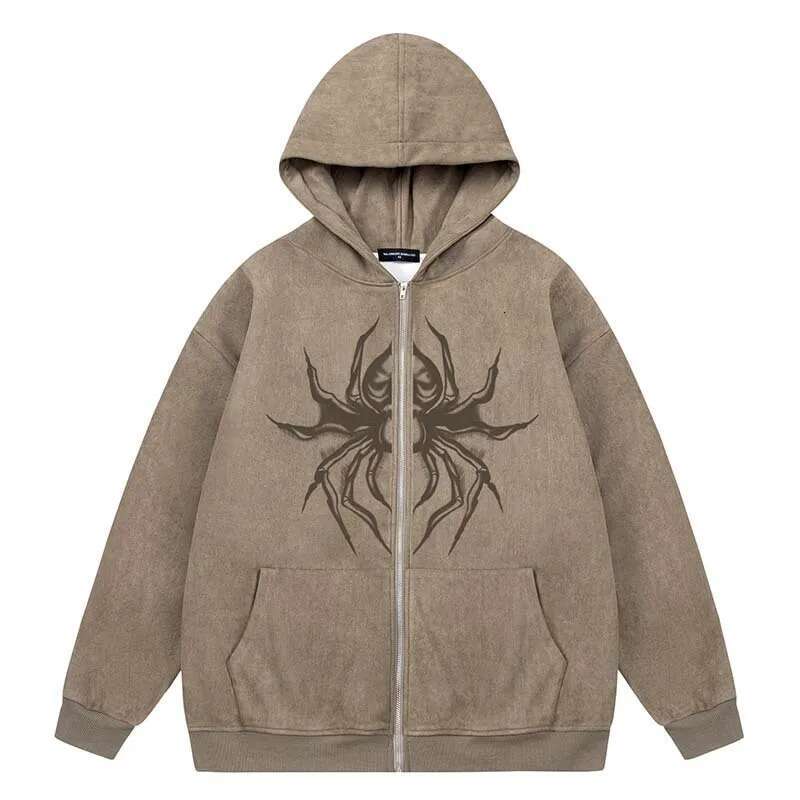 Haruku Hoodie Jacket Streetwear Fashion Letters Spider Print Zipper Hooded Sweatshirt 2023 Unisex Hip Hop Casual Loose Coats