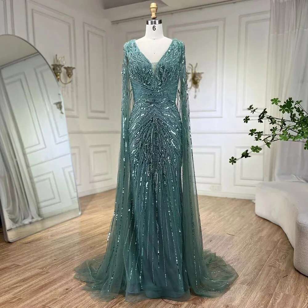 Sier Arabic Mermaid Cape Sleeves Beaded Evening Dresses Gowns Customize Evening Party BLA