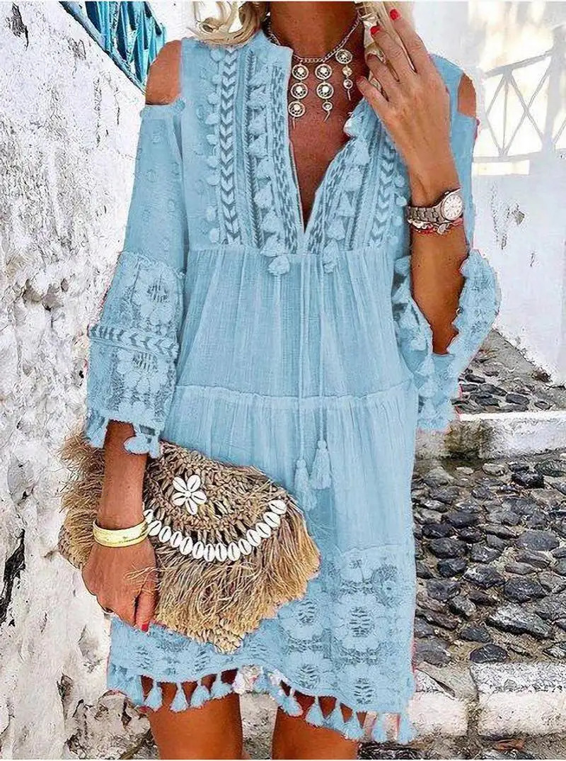 Spring Embroidery Crochet Lace Boho Dress Women Elegant Off Shoulder Tassel Ruffle Mini Dress Summer V Neck Lady Beach Dress 250213