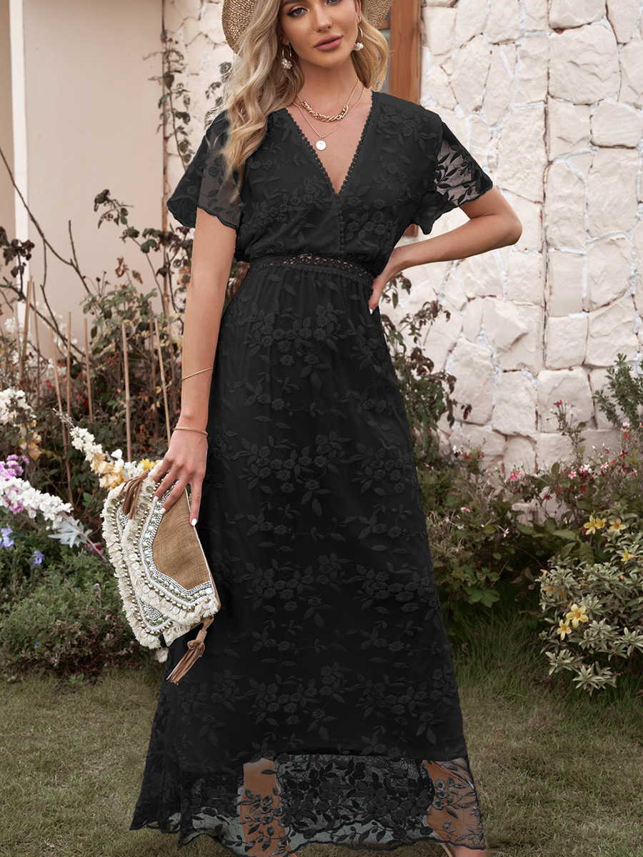 K185120 Summer lace hook flower hollow long skirt female solid color temperament commuting solid color skirt women's clothing