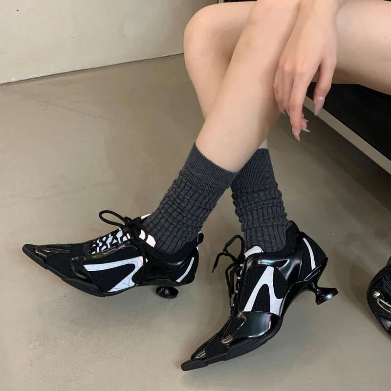 Low Sier Women Pointed Toe Lace Up Sports Style High Heels Comfort Ladies Pumps Black Spring 2025 Shoes